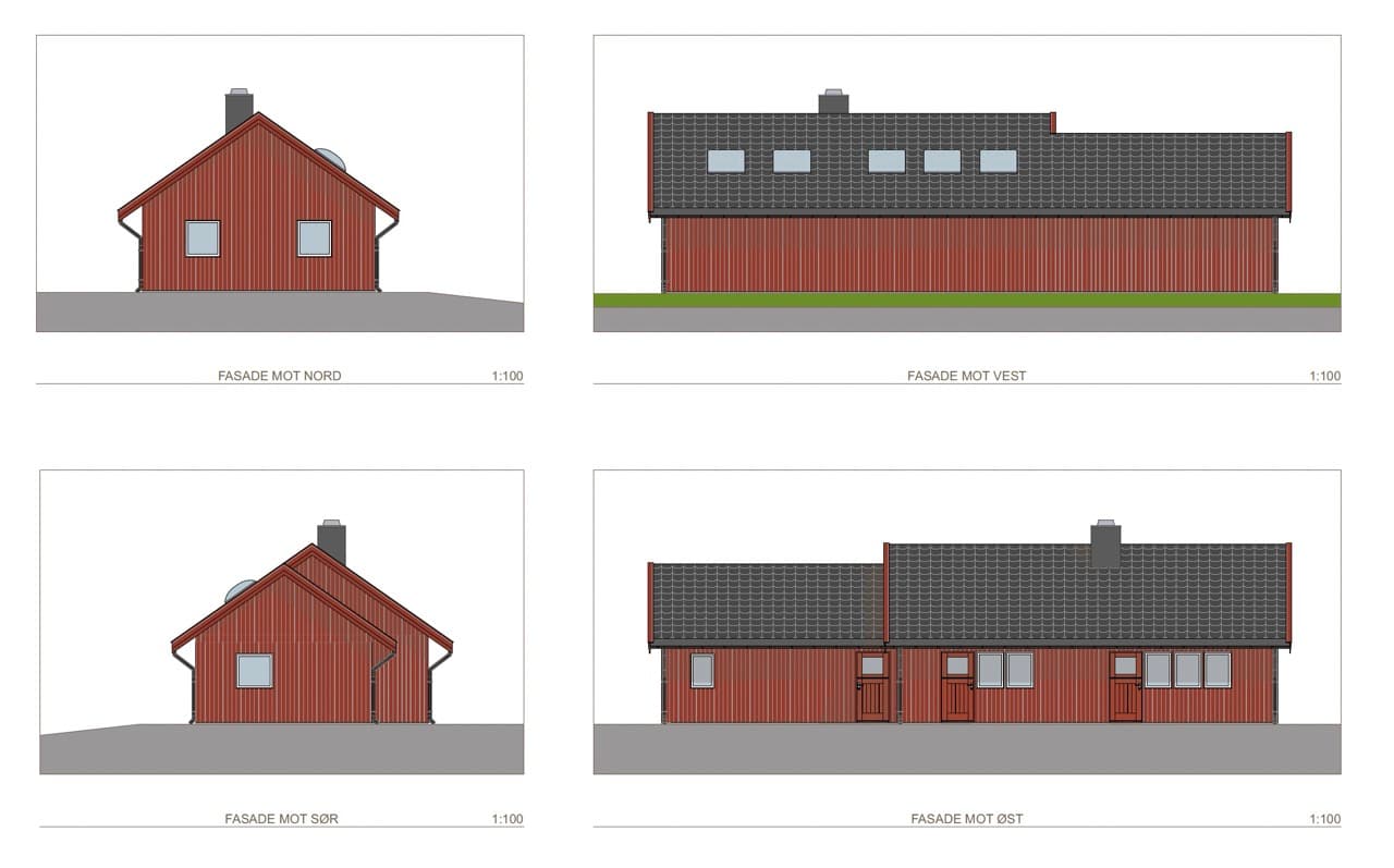 Arkitekttegning med fire fasadeoppriss av bygningen — mot nord, vest, sør og øst — i rød panel med mørkt tak. Målestokk 1:100.