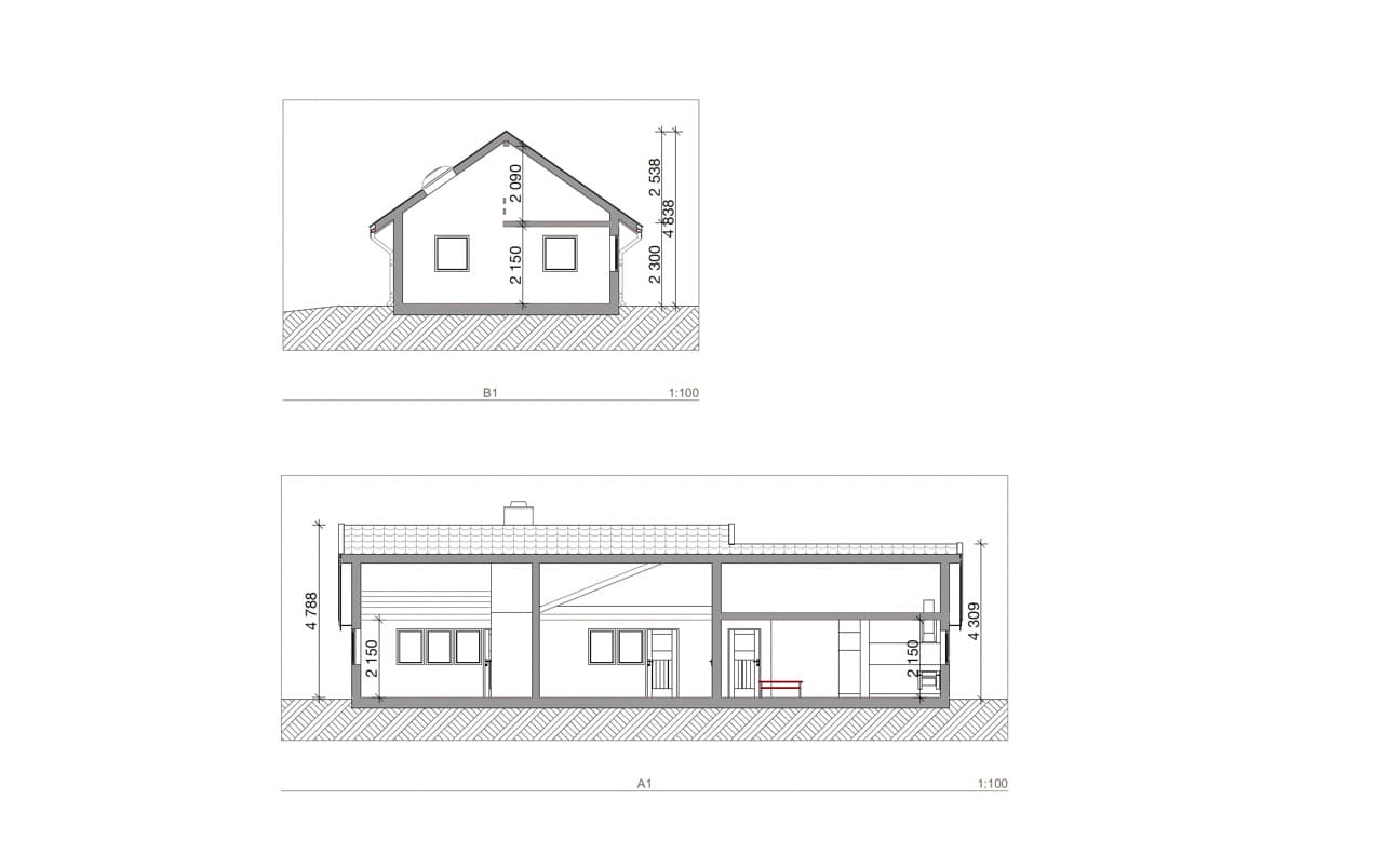 Arkitekttegning med to snitt gjennom bygningen i målestokk 1:100, med romhøyder påført i millimeter.
