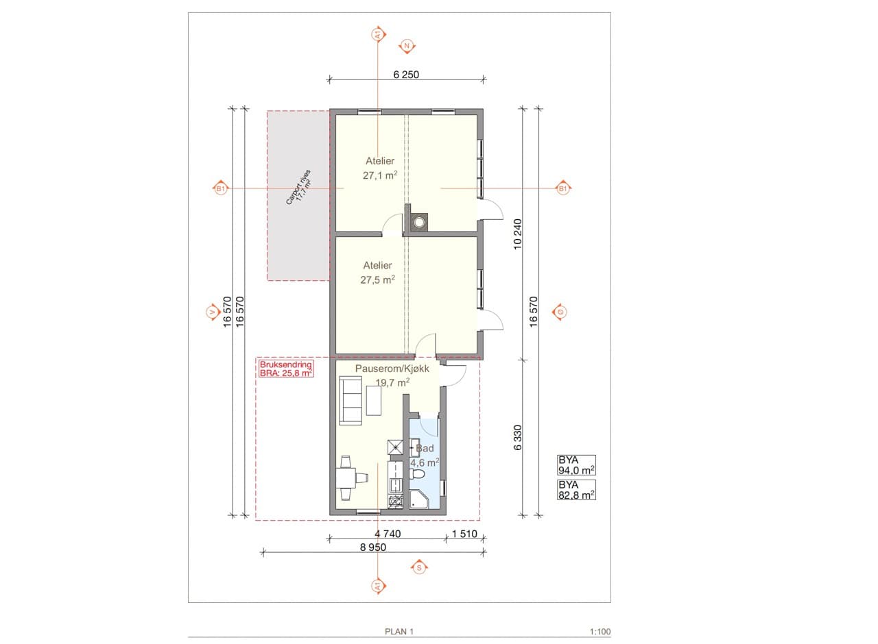 Arkitektens plantegning i målestokk 1:100. To atelierrom på 27,1 og 27,5 kvadratmeter ligger nord for et pauserom med kjøkken på 19,7 kvadratmeter og et bad på 4,6.